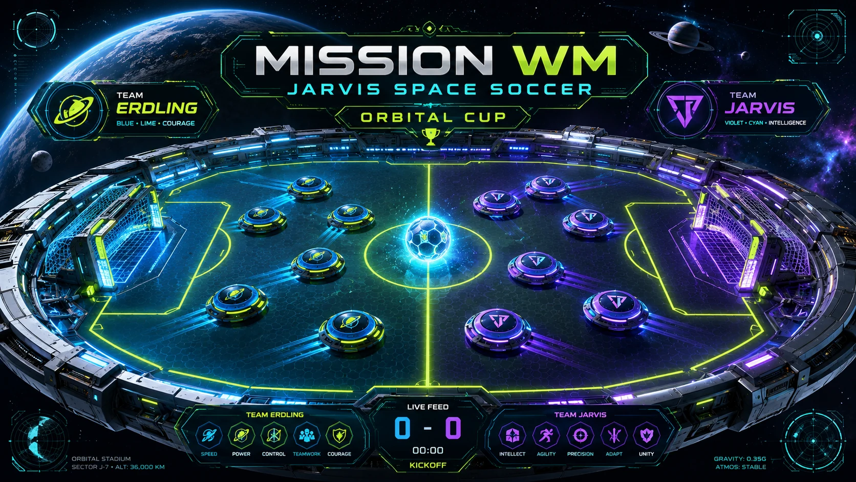 Jarvis Space Soccer mit leuchtender Orbital-Fußballarena, Team Erdling und Team Jarvis