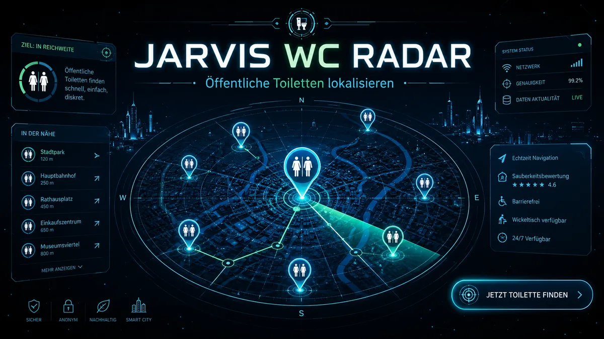 Cover des WC-Finders mit Karte, Toilettenmarkern und Navigation